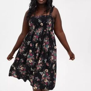 Torrid Black Floral Midi Challis Smocked Tiered Dress Size 2